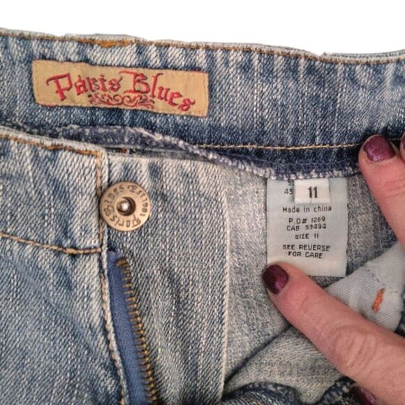 VTG Y2K Paris Blues Distressed ALine Raw Hem Mini Jean Skirt Size 11 - Picture 13 of 14
